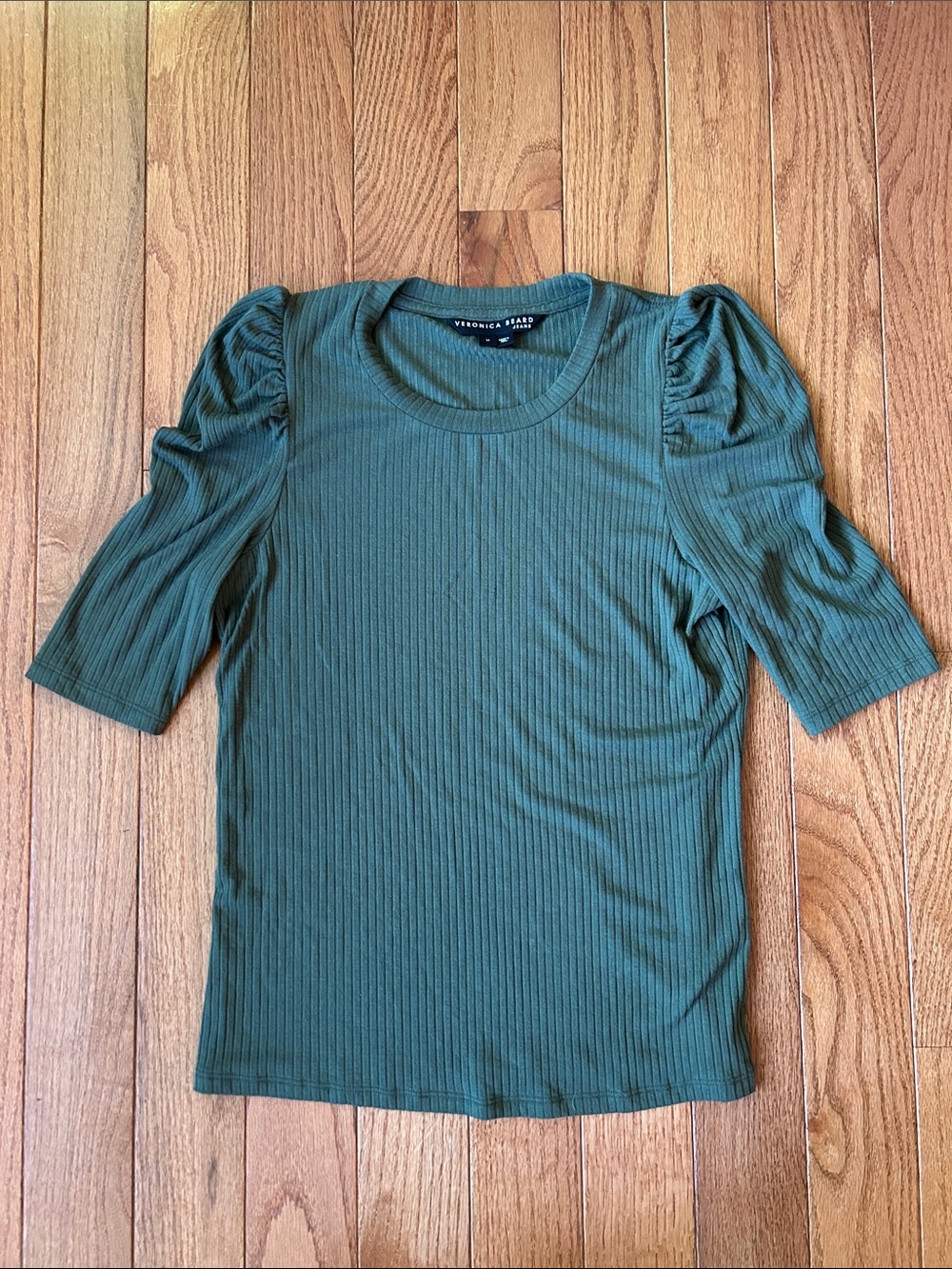 Veronica Beard Olive Green Ribbed Puff-Sleeve Tee